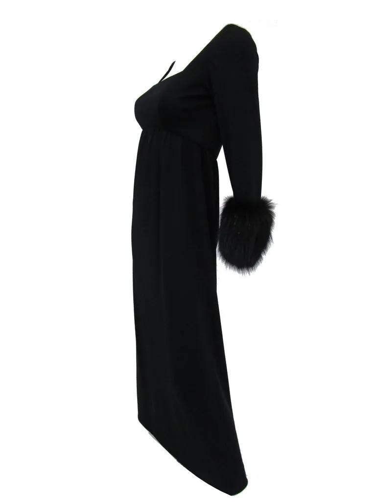 1960s Victoria Royal Black Knit Dress and Vest Ensemble with Fox Hem and Cuff