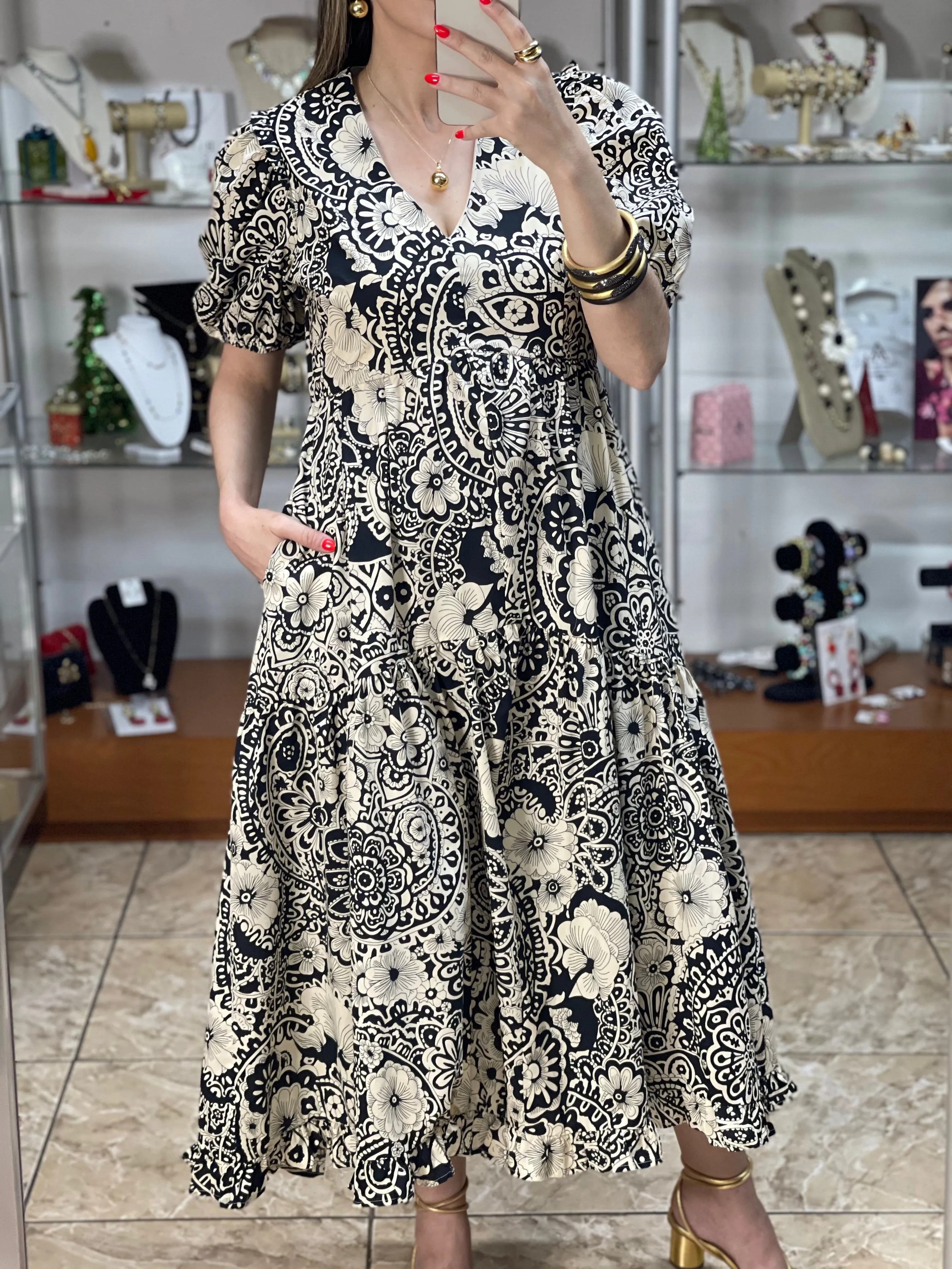 Abstract Puffy Sleeves Dress