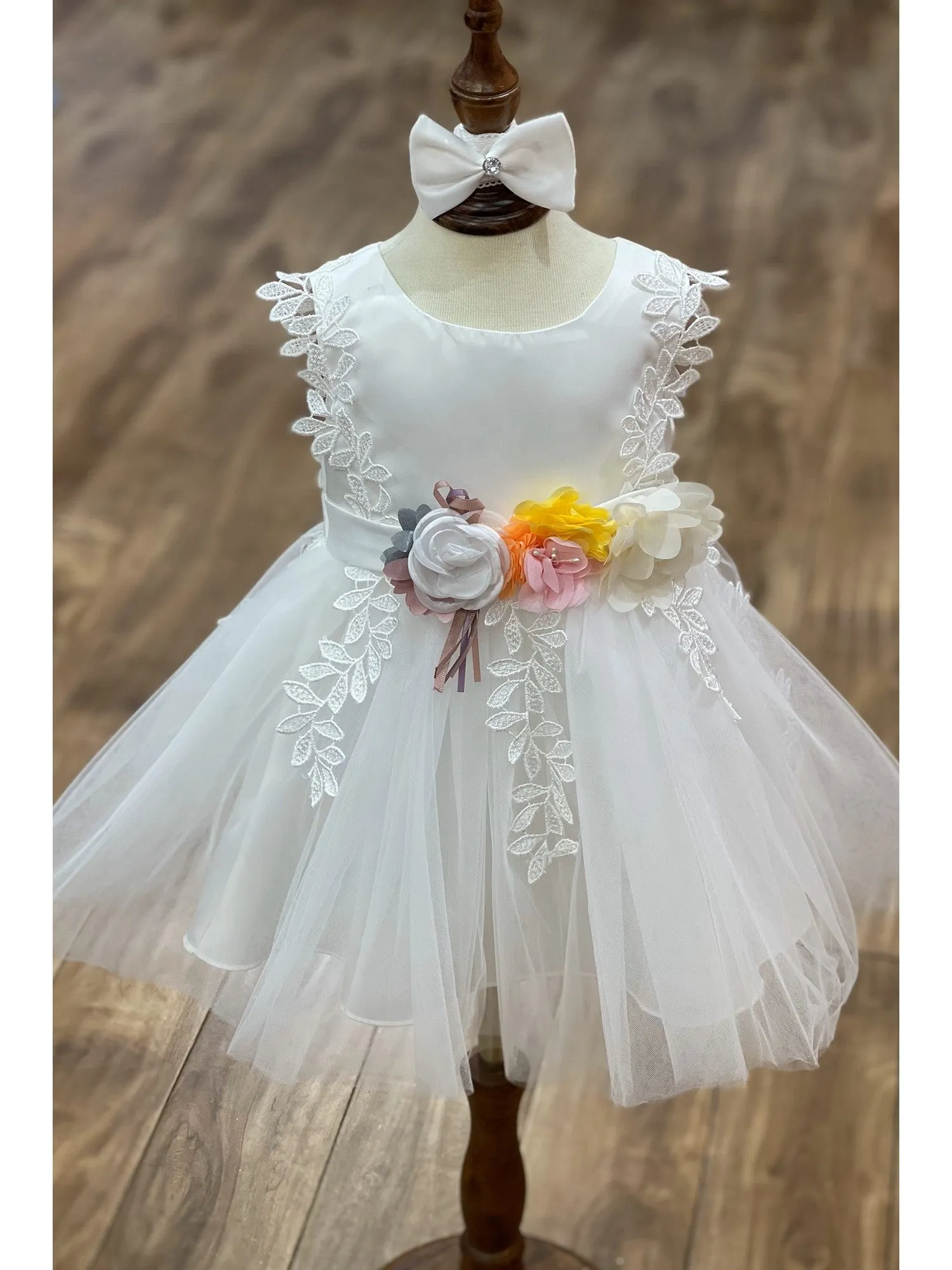 Baby Girls Lala & Erina Ivory Satin Lace Headband Flower Girl Dress 3-24M