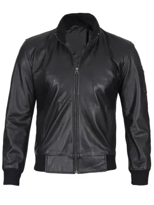 Black Cowhide Leather Bomber Jacket