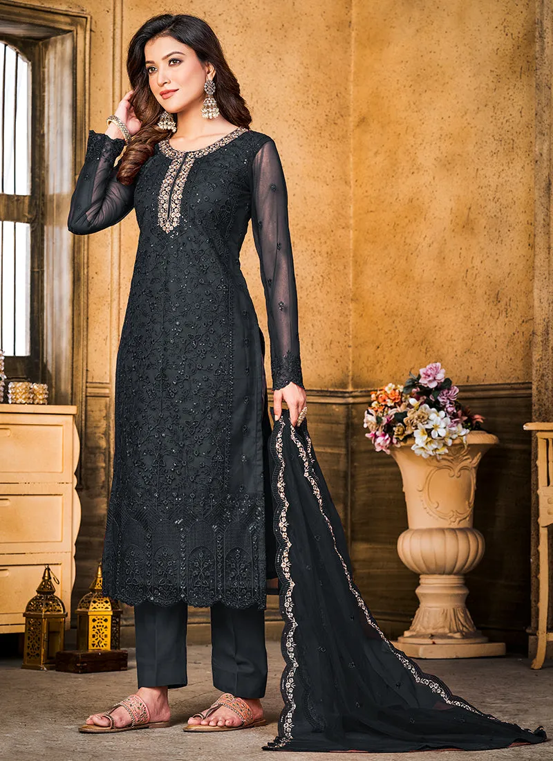 Black Resham Thread And Sequence Embroidery Pant Style Suit