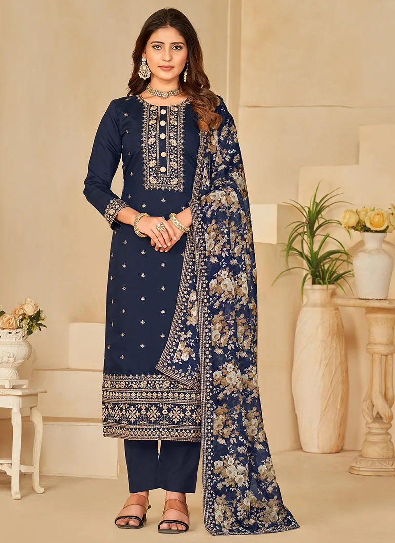 Blue Embroidery Traditional Pant Style Suit