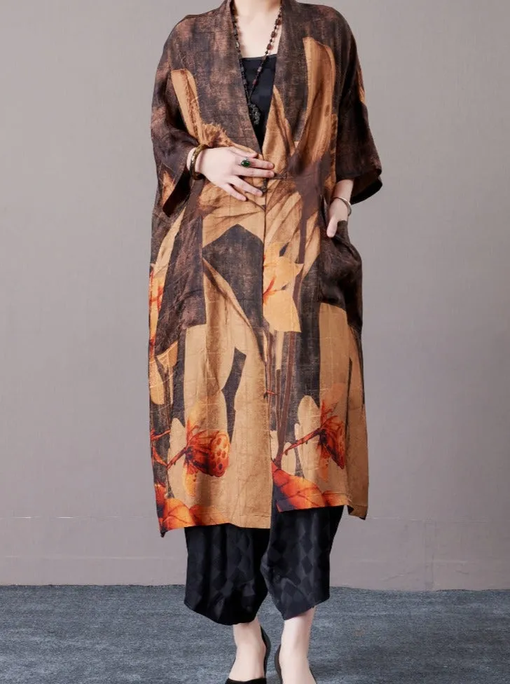 Bohemian Open-Front Long Kimono with Artistic Print