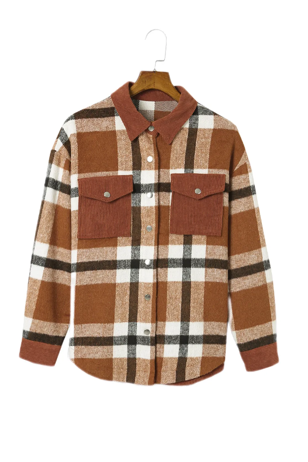 Brown Pocketed Buttoned Plaid Shirt Jacket