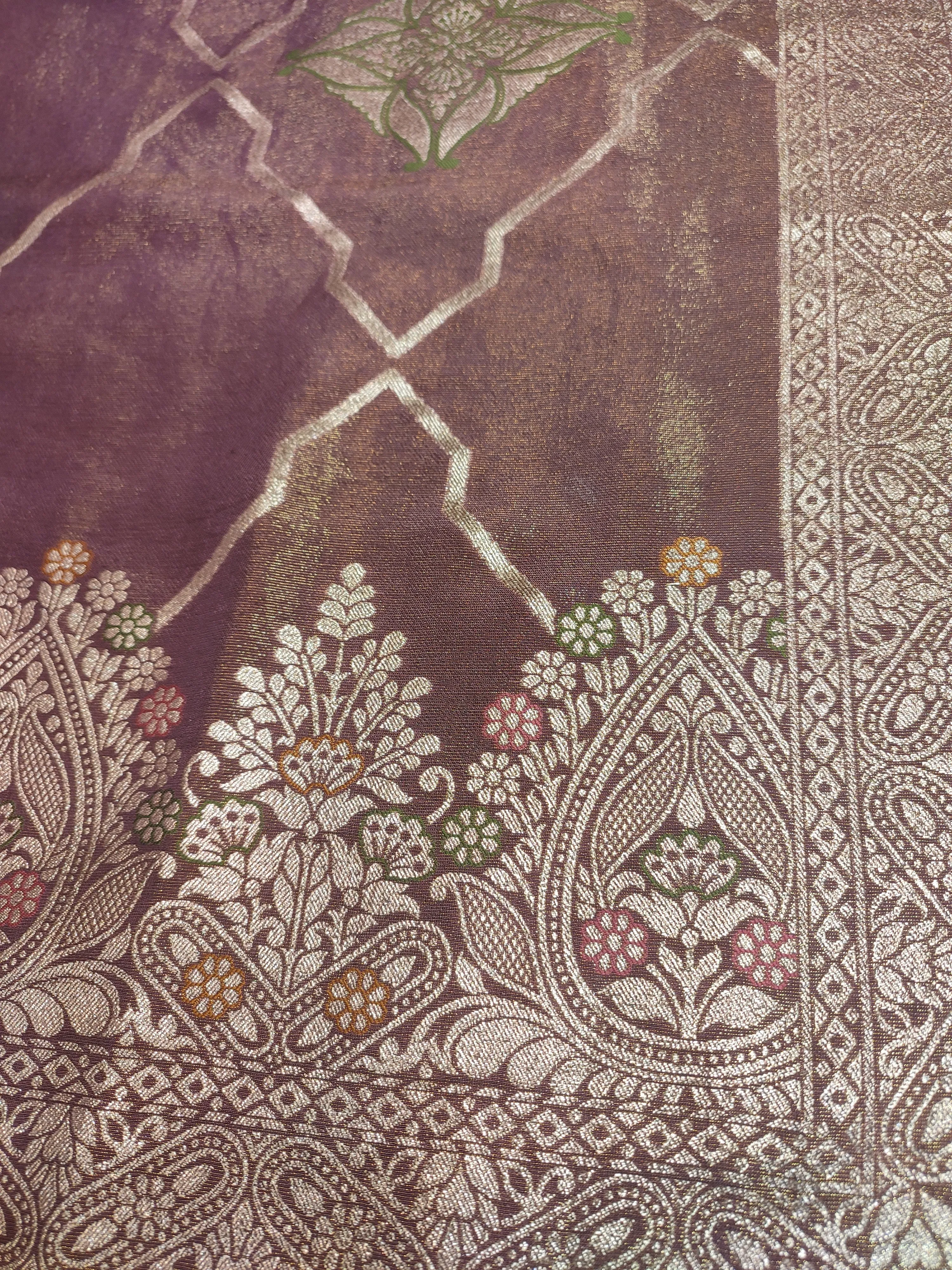 Brown Shimmer Tissue Semi-Stitch Suit With Golden Embroidery