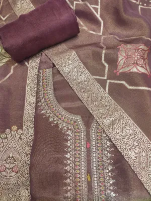 Brown Shimmer Tissue Semi-Stitch Suit With Golden Embroidery