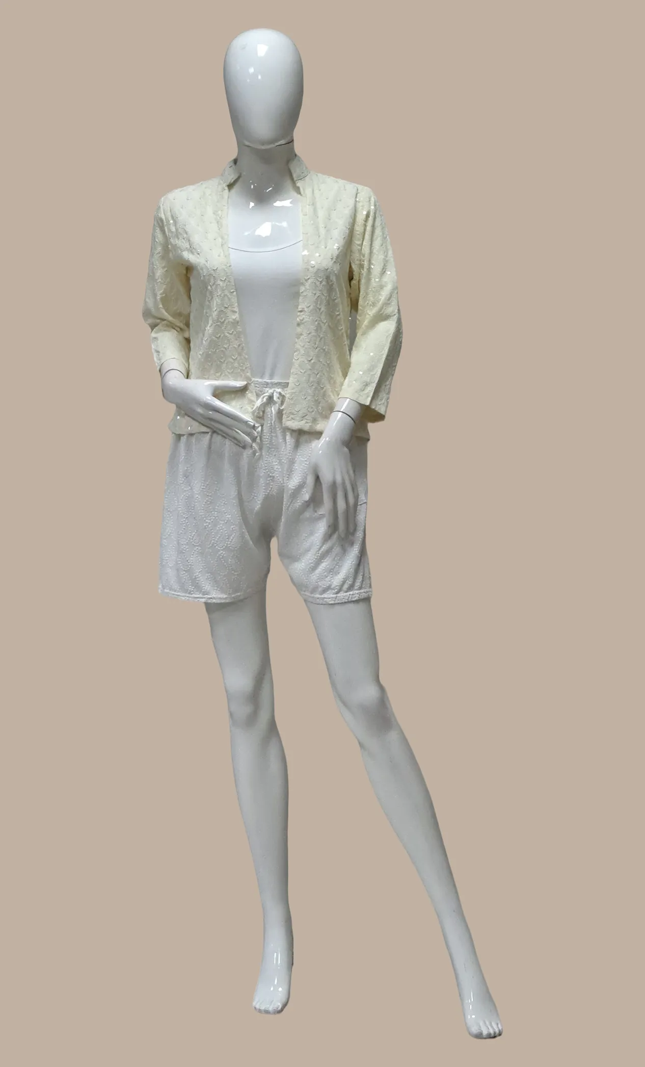 Cream Embroidered Fusion Jacket & Shorts