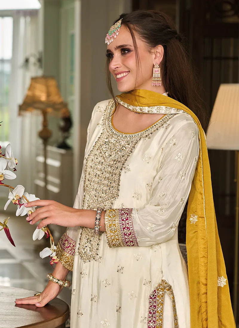 Cream White And Yellow Multi Embroidery Traditional Salwar Suit