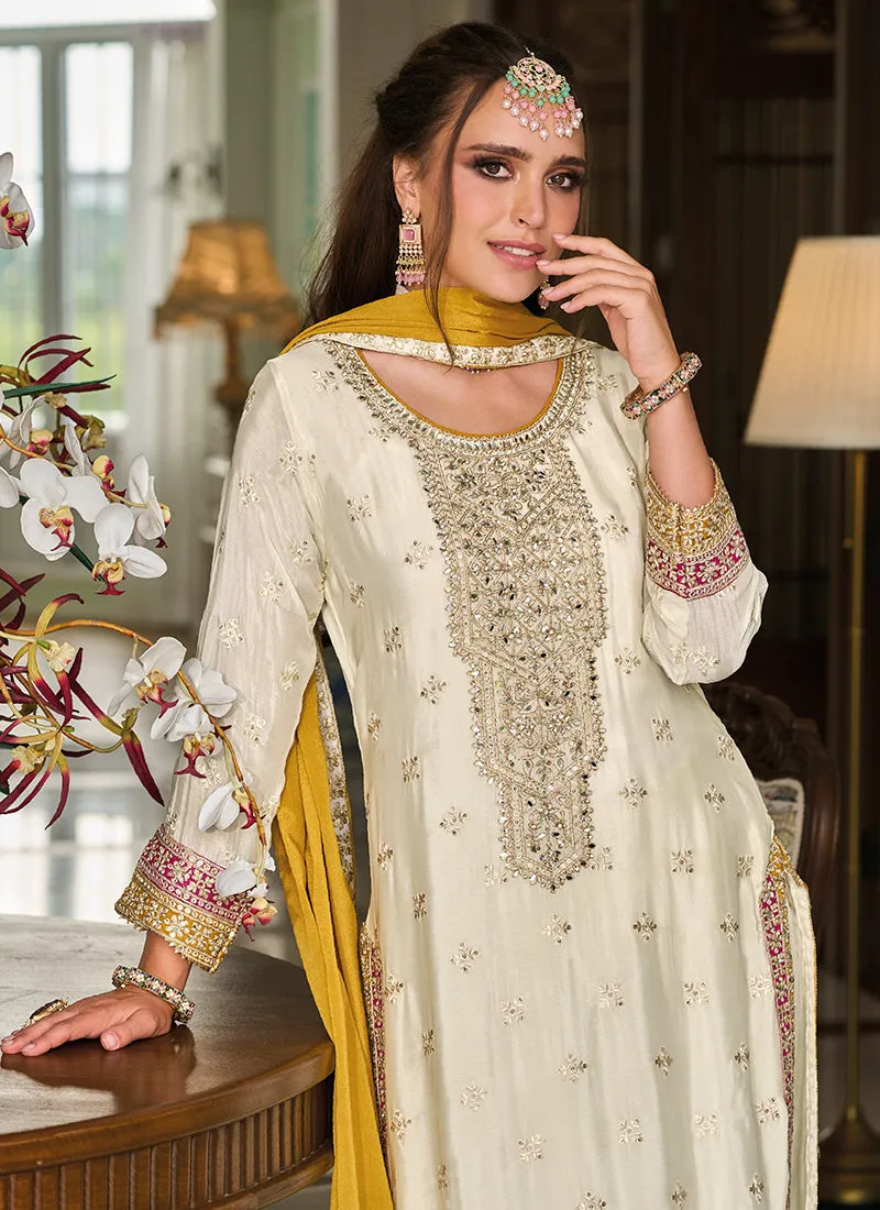 Cream White And Yellow Multi Embroidery Traditional Salwar Suit