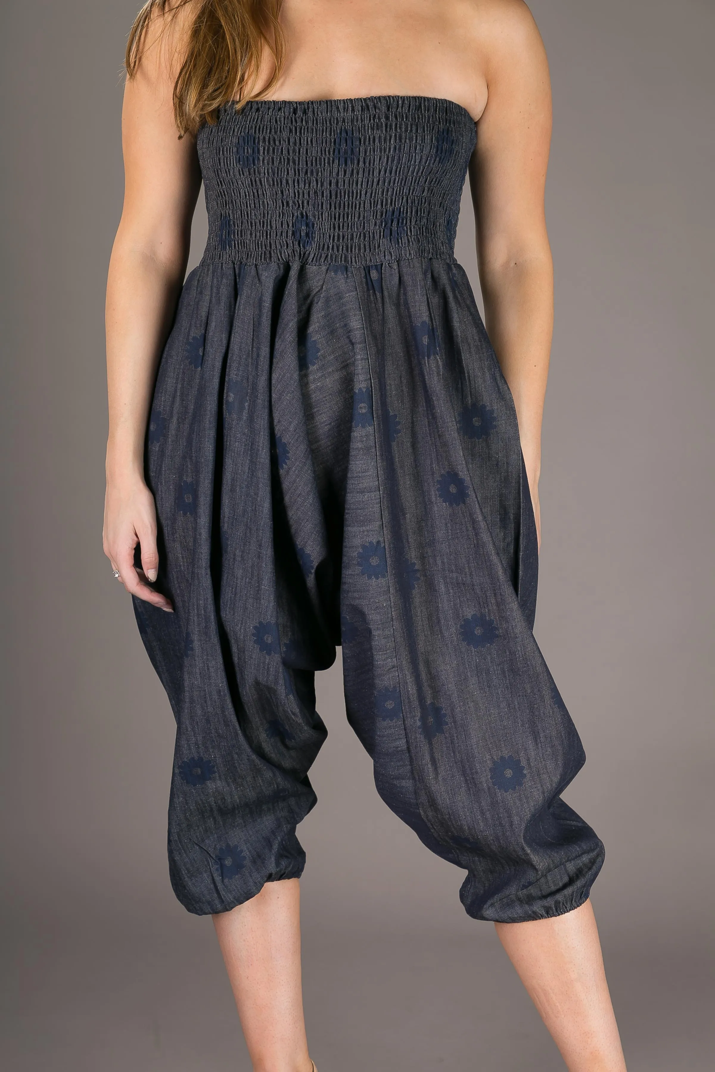 Denim Floral Cotton Harem Yoga Jumpsuit Pants