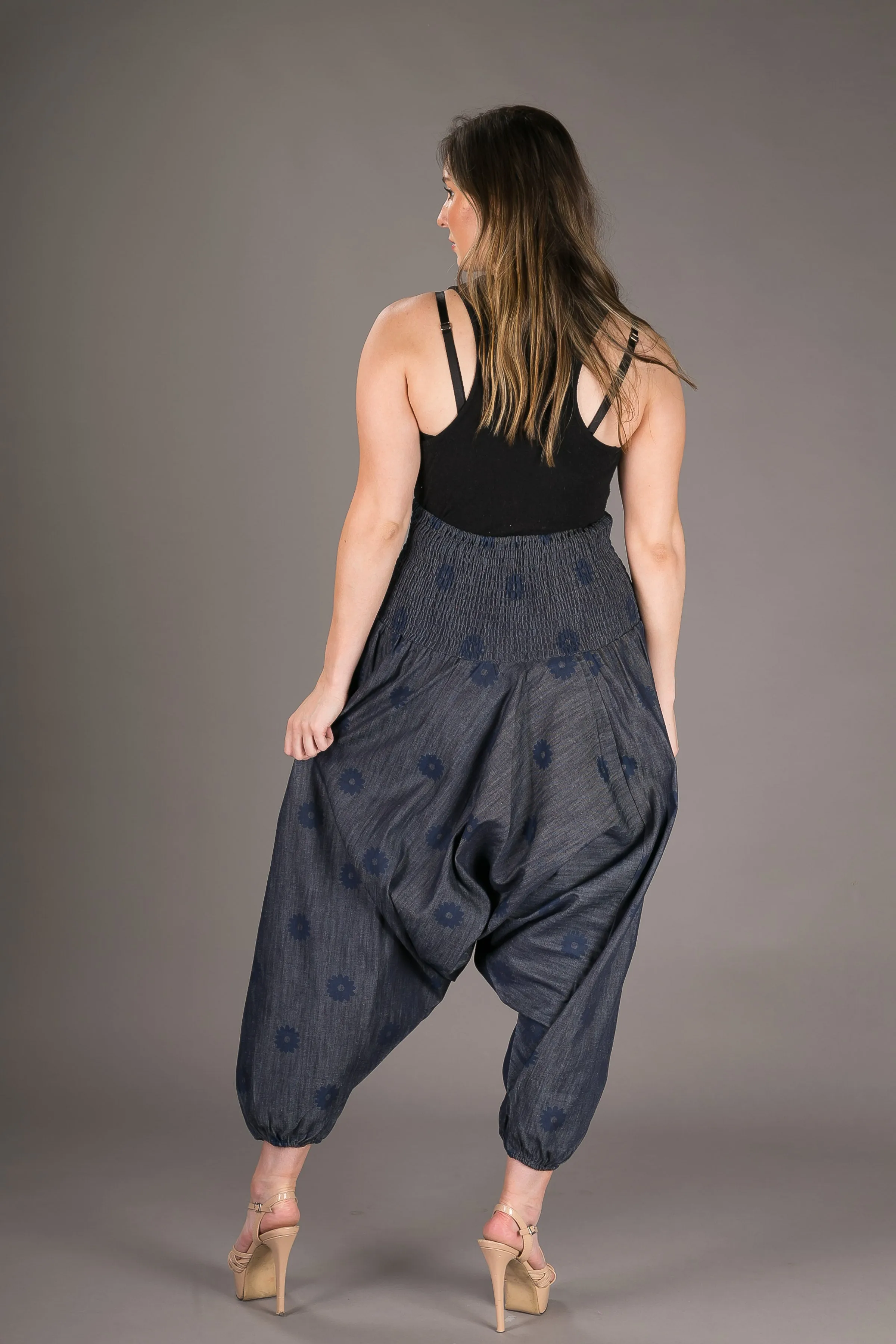 Denim Floral Cotton Harem Yoga Jumpsuit Pants