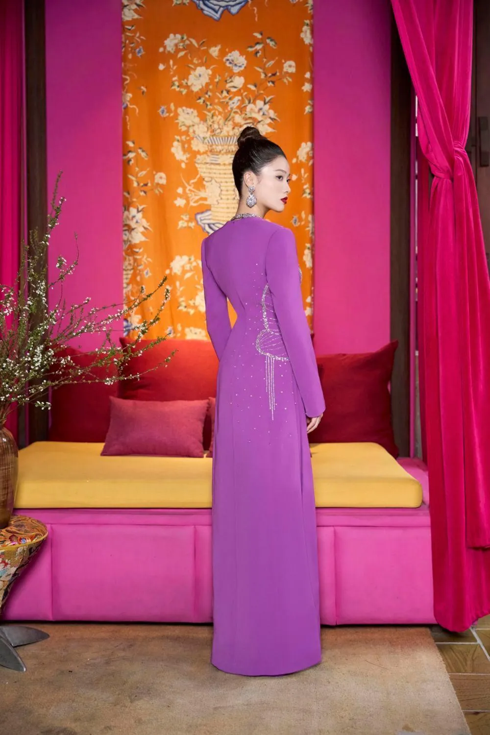 Gleams A-line Long Sleeved Velvet Satin Floor Length Ao Dai