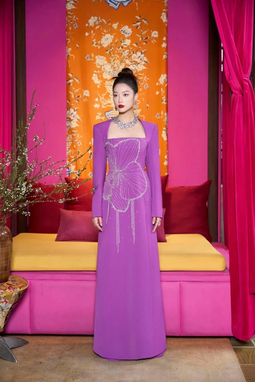 Gleams A-line Long Sleeved Velvet Satin Floor Length Ao Dai