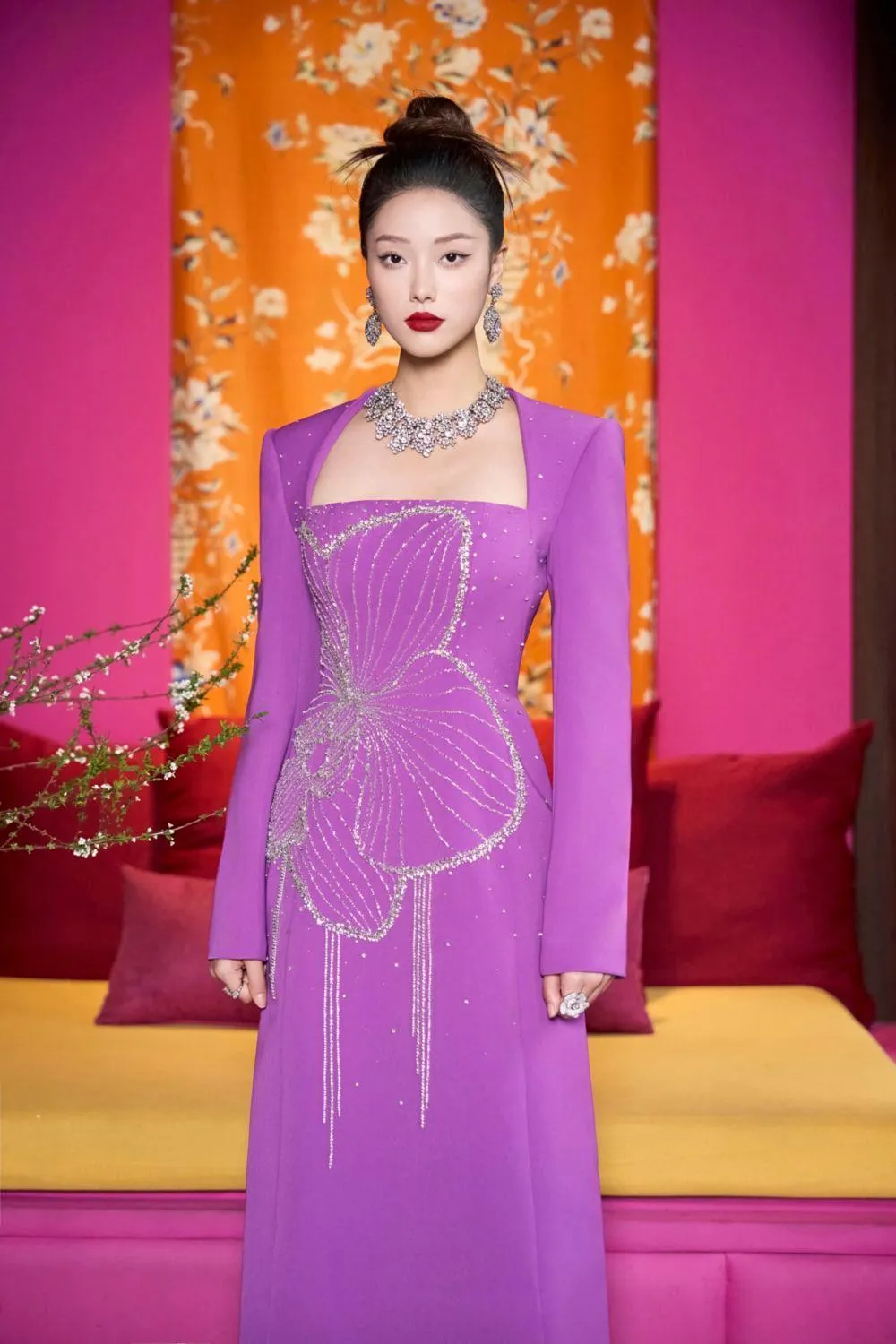 Gleams A-line Long Sleeved Velvet Satin Floor Length Ao Dai