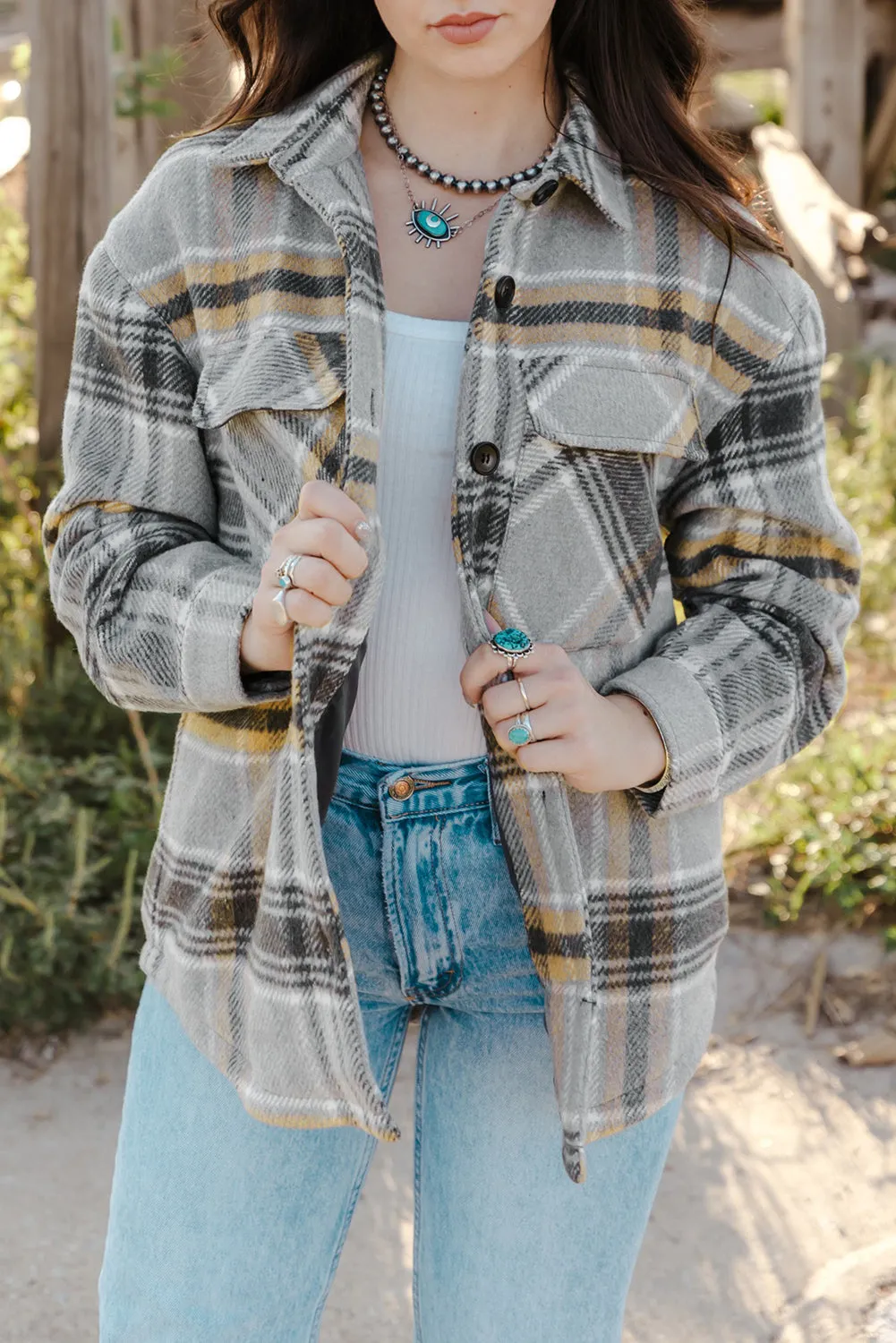 Gray Plaid Print Pocketed Shirt Jacket