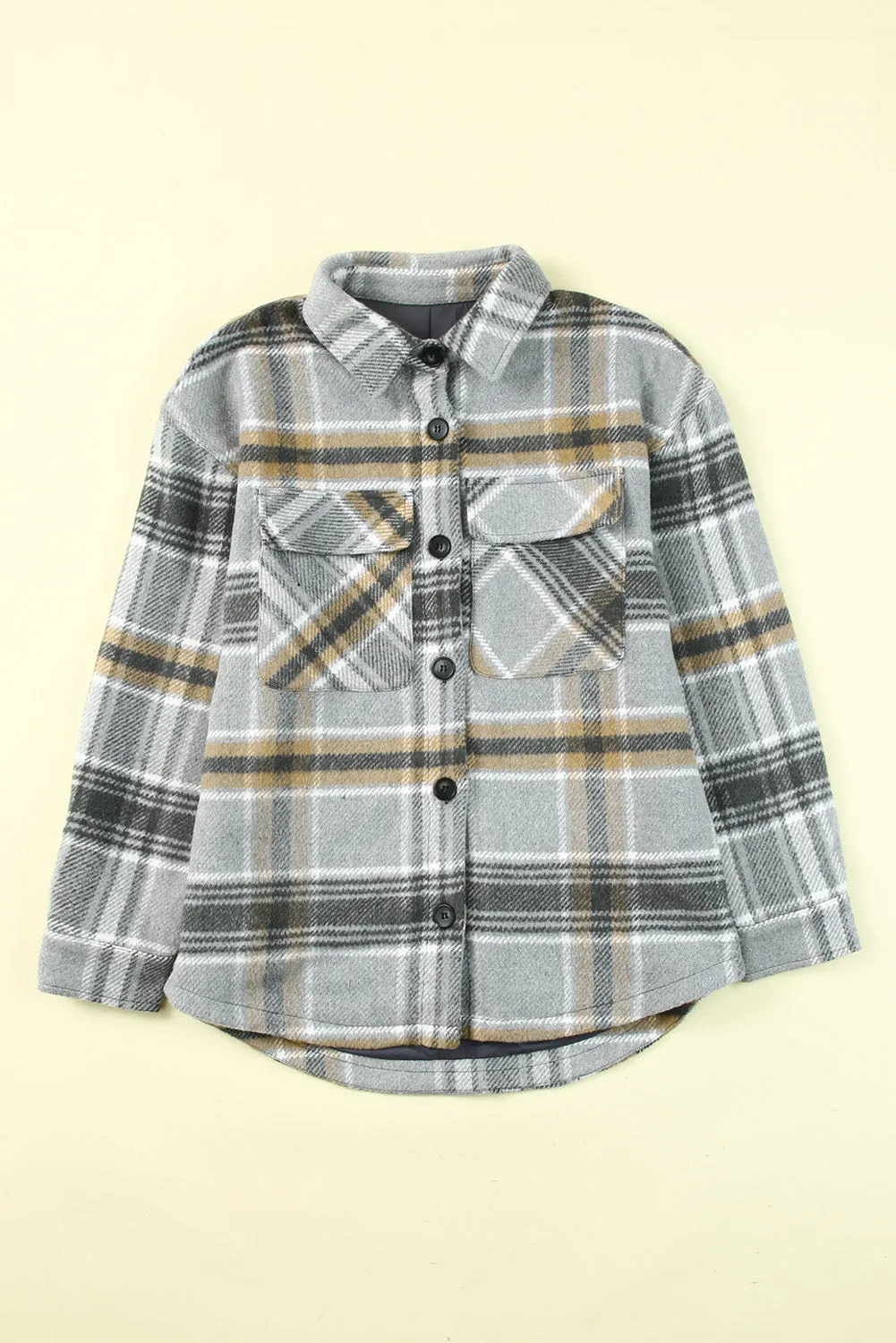 Gray Plaid Print Pocketed Shirt Jacket