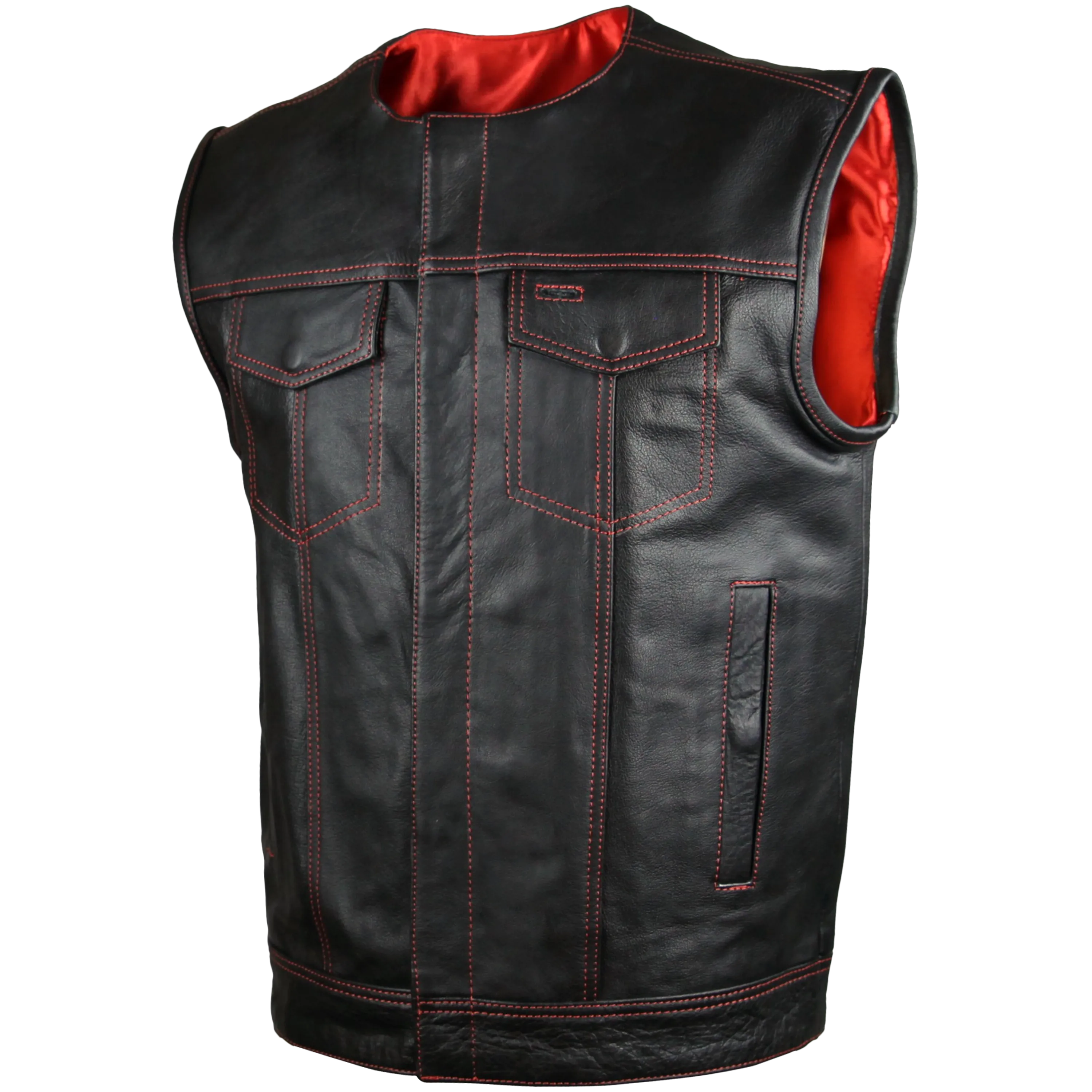 HMM919R High Mileage Men's Zipper and Snap Closure Leather Club Vest Quick Access Gun Pocket w/Red Liner