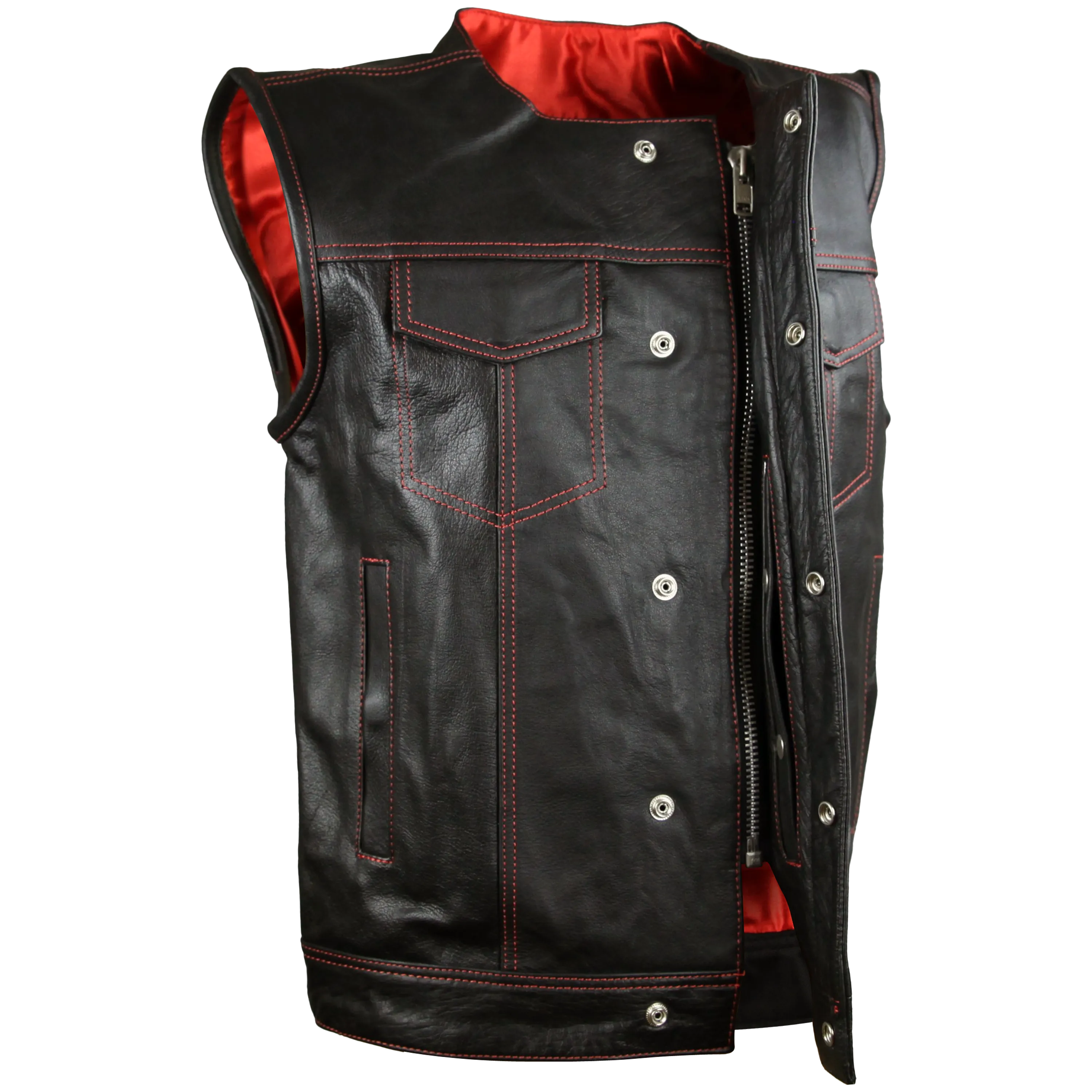 HMM919R High Mileage Men's Zipper and Snap Closure Leather Club Vest Quick Access Gun Pocket w/Red Liner