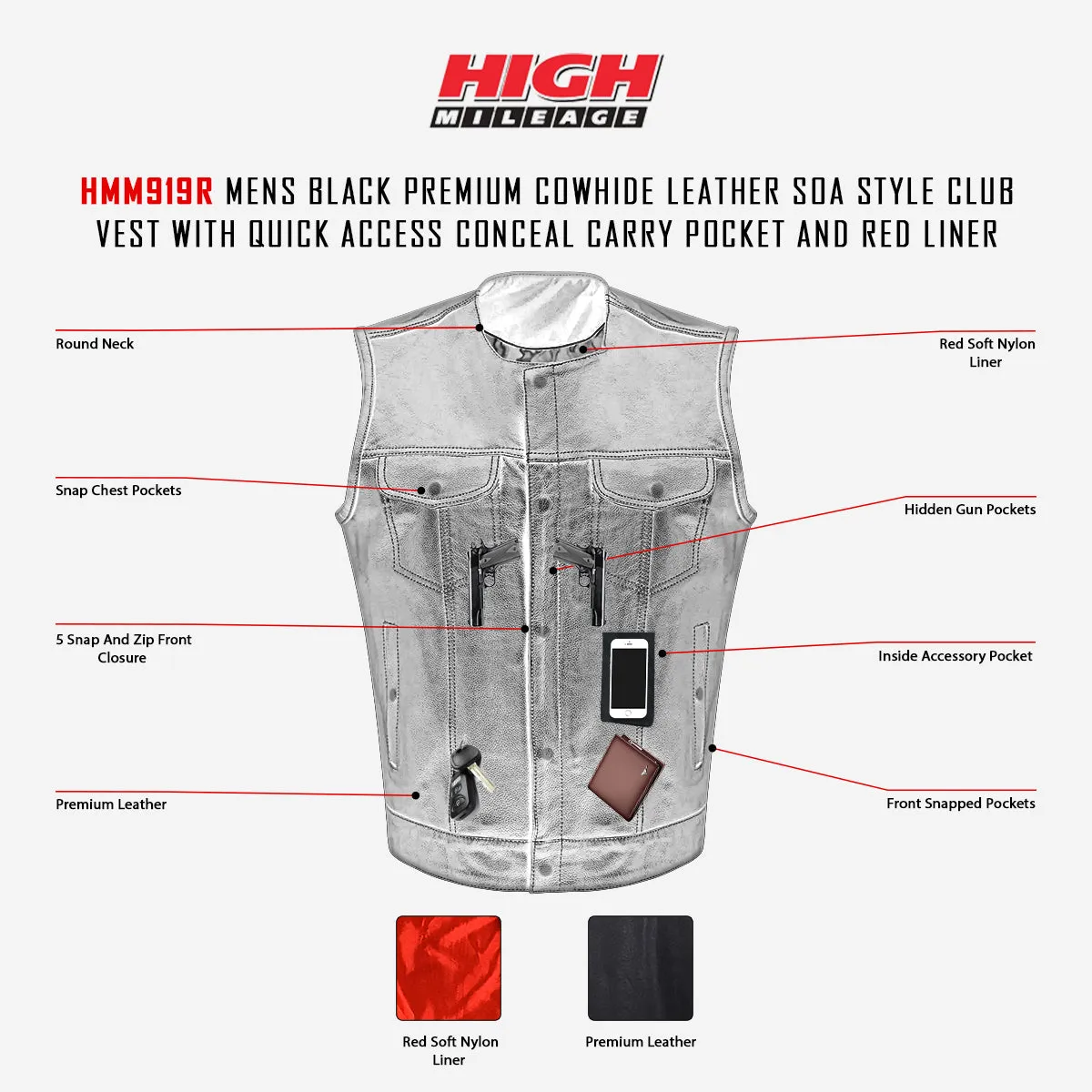 HMM919R High Mileage Men's Zipper and Snap Closure Leather Club Vest Quick Access Gun Pocket w/Red Liner