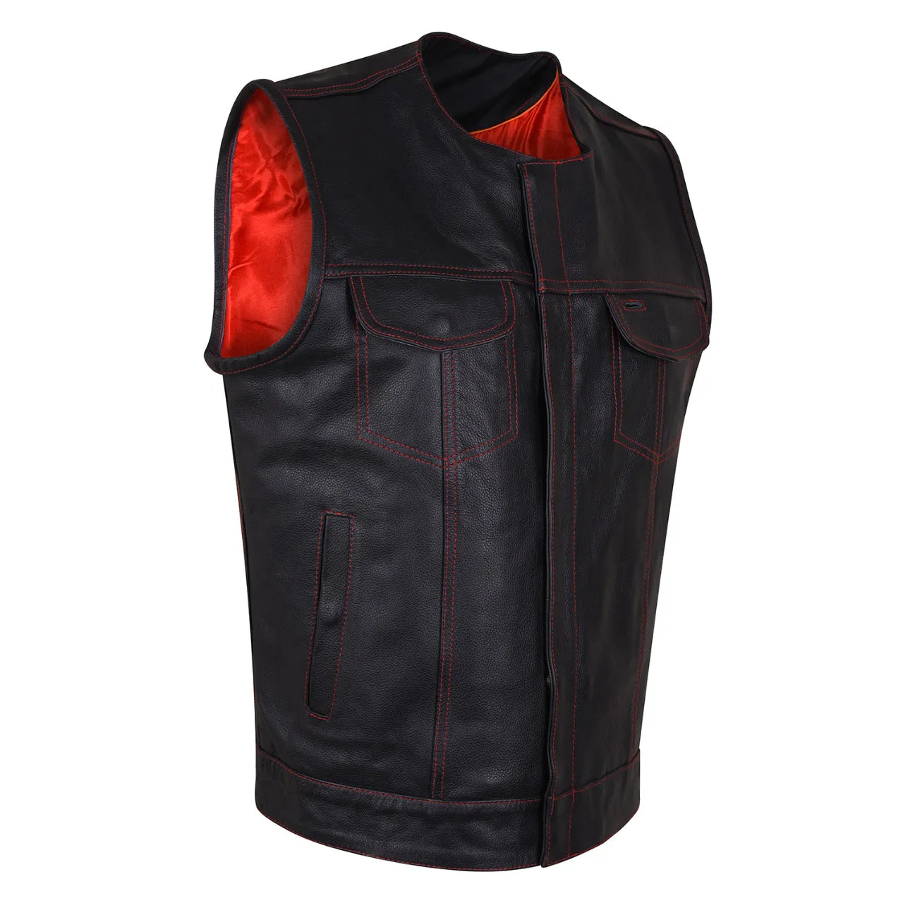 HMM919R High Mileage Men's Zipper and Snap Closure Leather Club Vest Quick Access Gun Pocket w/Red Liner