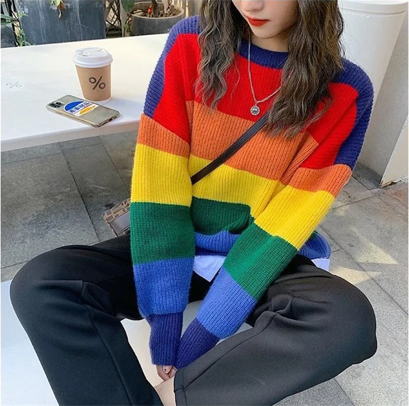 KittenAlarm - Loose Rainbow Warm Knitted Sweater