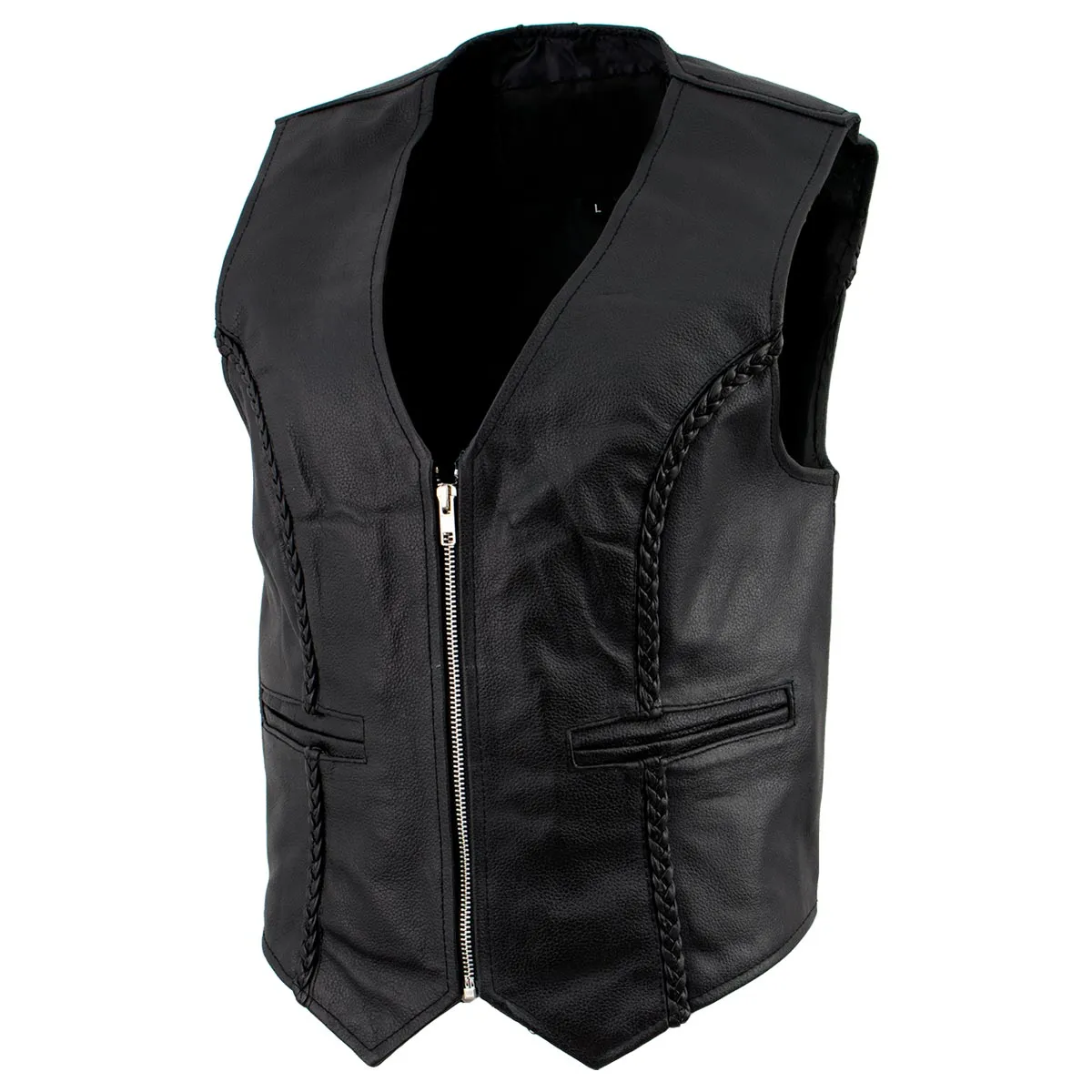 Ladies XS776 Black Braided Motorcycle Vest with Zipper Closure