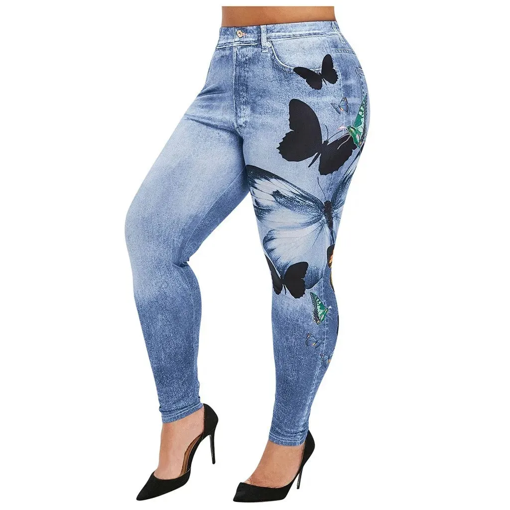 LVSANW Comfortable Skinny Pants Denim Leggings Butterfly Print Women Jean Cowboy Stretchy Famale Slim Faux Jeans Pants Plus Size 5XL