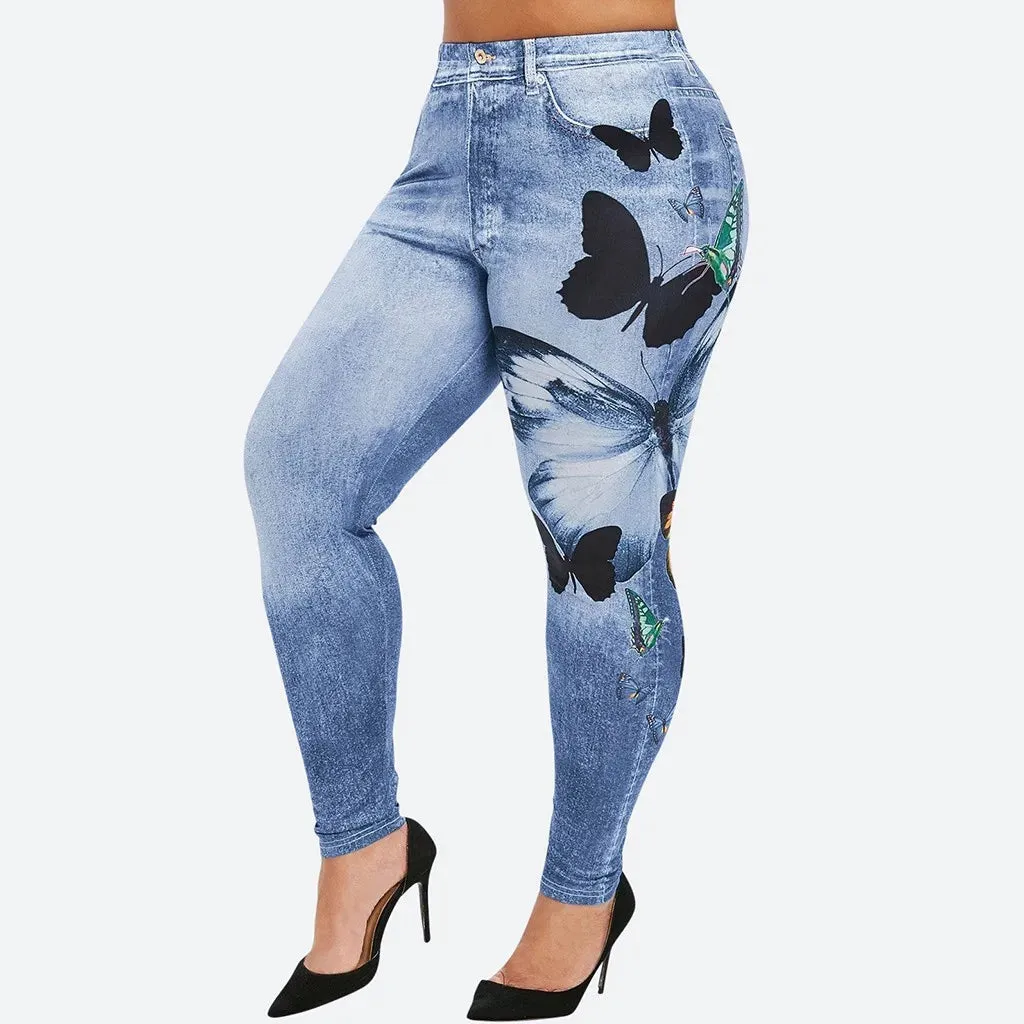 LVSANW Comfortable Skinny Pants Denim Leggings Butterfly Print Women Jean Cowboy Stretchy Famale Slim Faux Jeans Pants Plus Size 5XL