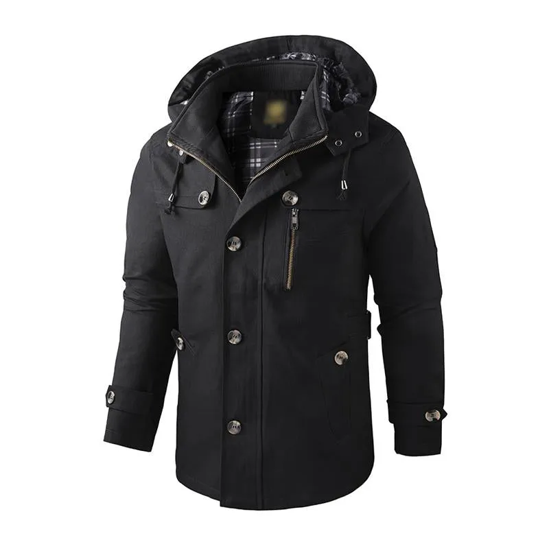 Men's Casual Washed Cotton Warm Stand Collar Hooded Mid-length Coat 52130055M