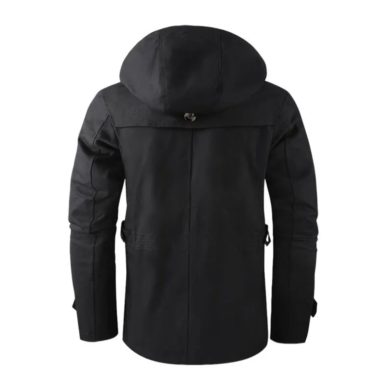 Men's Casual Washed Cotton Warm Stand Collar Hooded Mid-length Coat 52130055M