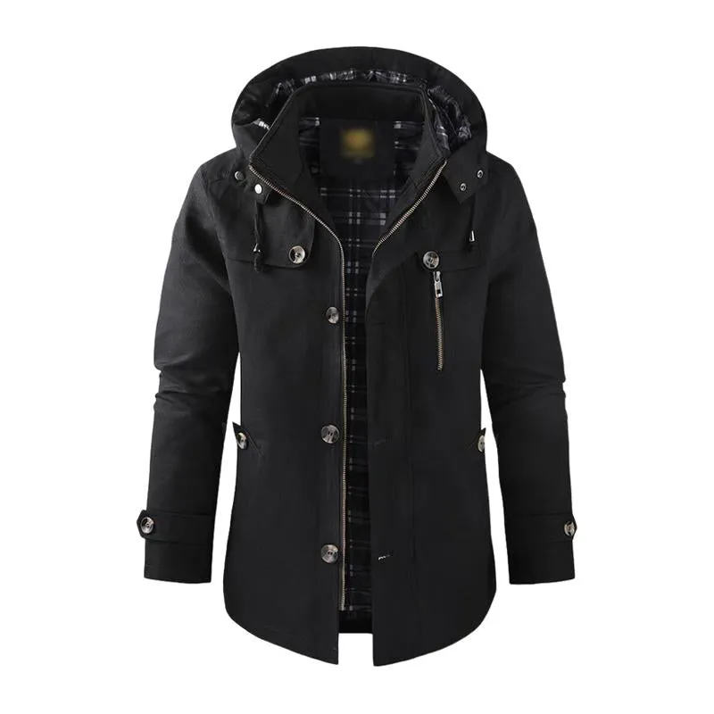 Men's Casual Washed Cotton Warm Stand Collar Hooded Mid-length Coat 52130055M