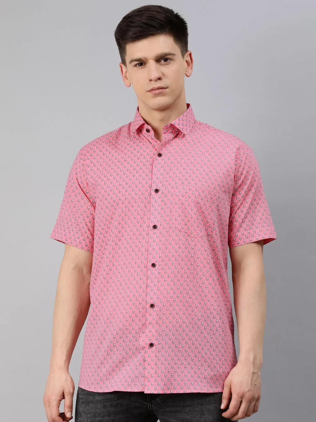 Men's Pink Cotton Short Sleeves Shirts For Men - Taantav