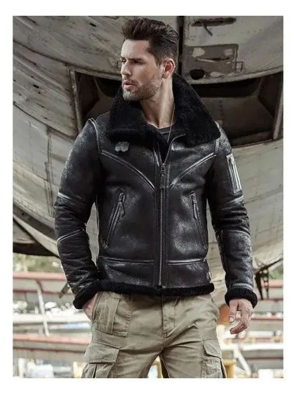 Men's Premium Fur-Lined Sheepskin Leather Bomber Jacket for Winter