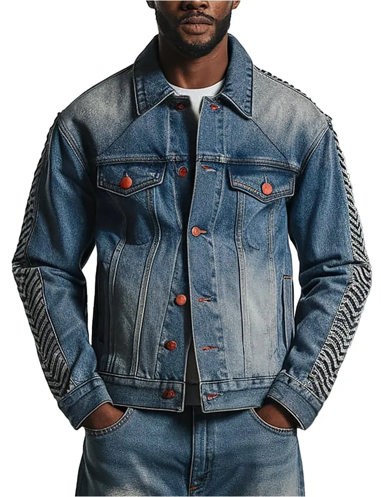 Men's Vintage Blue With Chevron Sleeve Denim Jacket