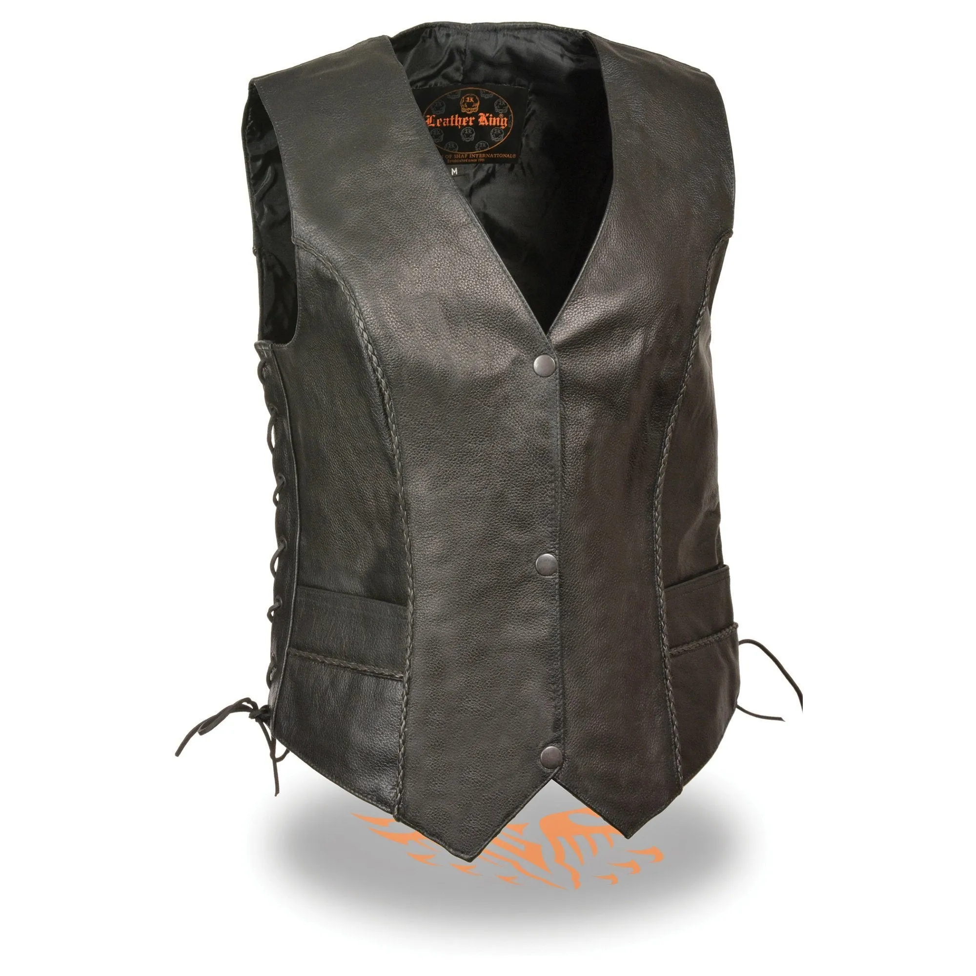 Milwaukee Leather SH2045 Women's Black Thin Braid Leather Side Lace Motorcycle Rider Vest- Front Snap Closure