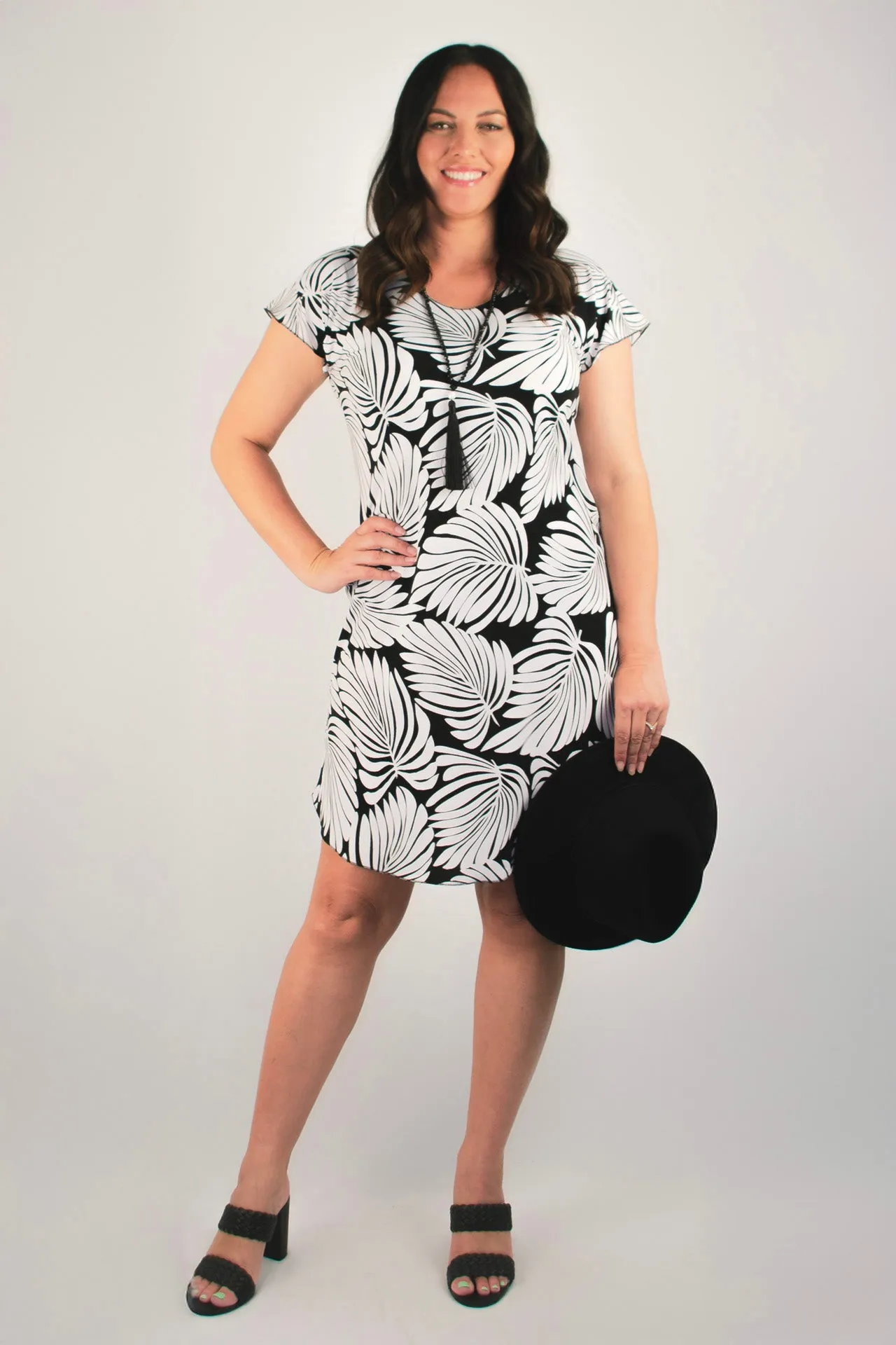 Monstera Print Short Sleeve Jersey Shift Dress