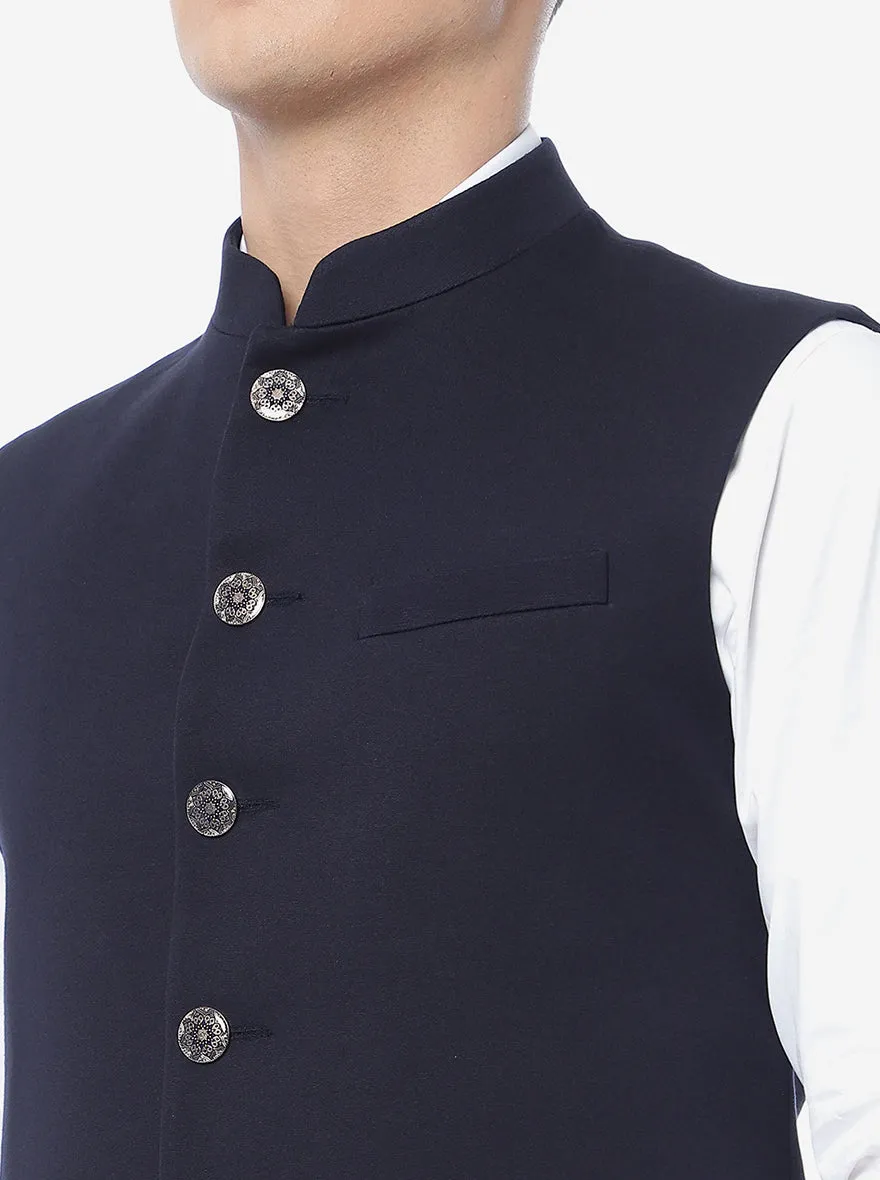 Navy Blue Solid Regular Fit Bandhgala Jacket | Greenfibre