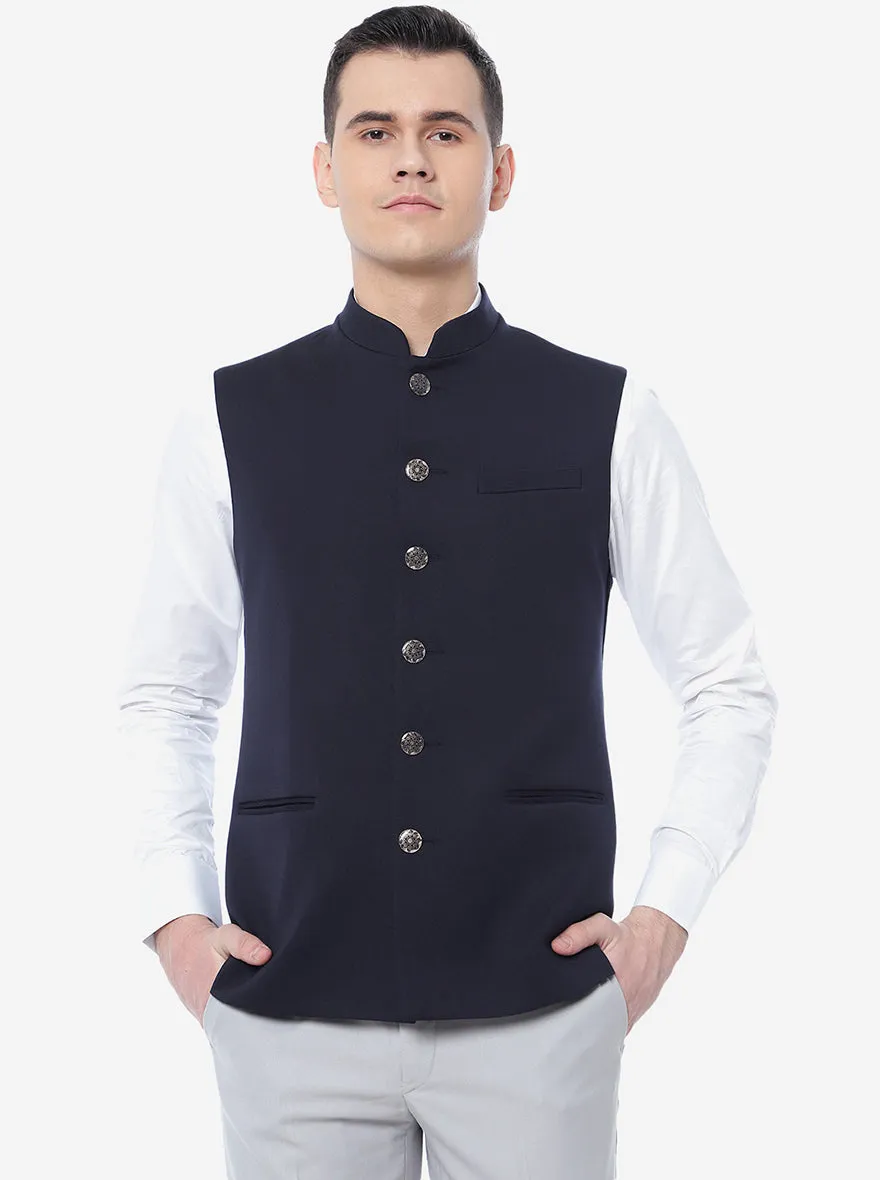 Navy Blue Solid Regular Fit Bandhgala Jacket | Greenfibre