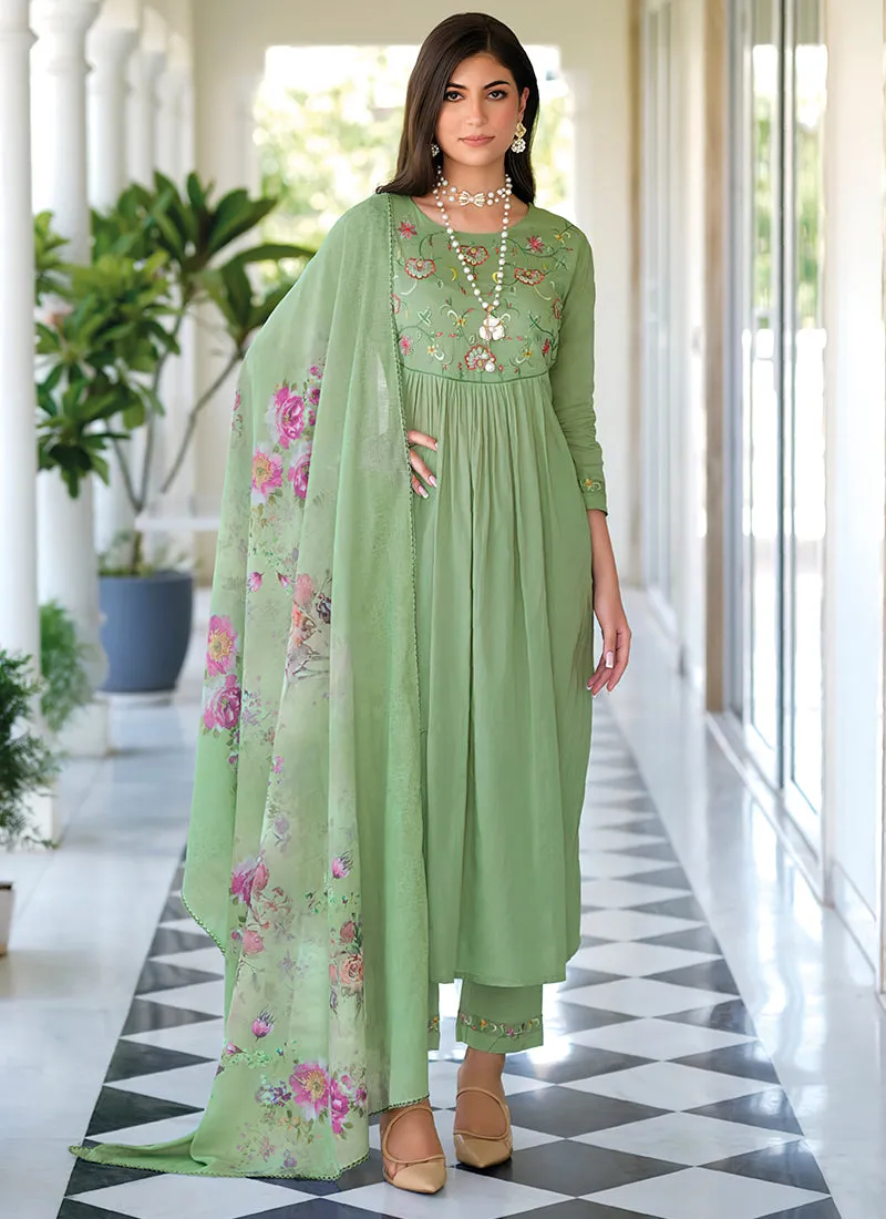 Pastel Green Embroidery Cotton Anarkali Pant Suit