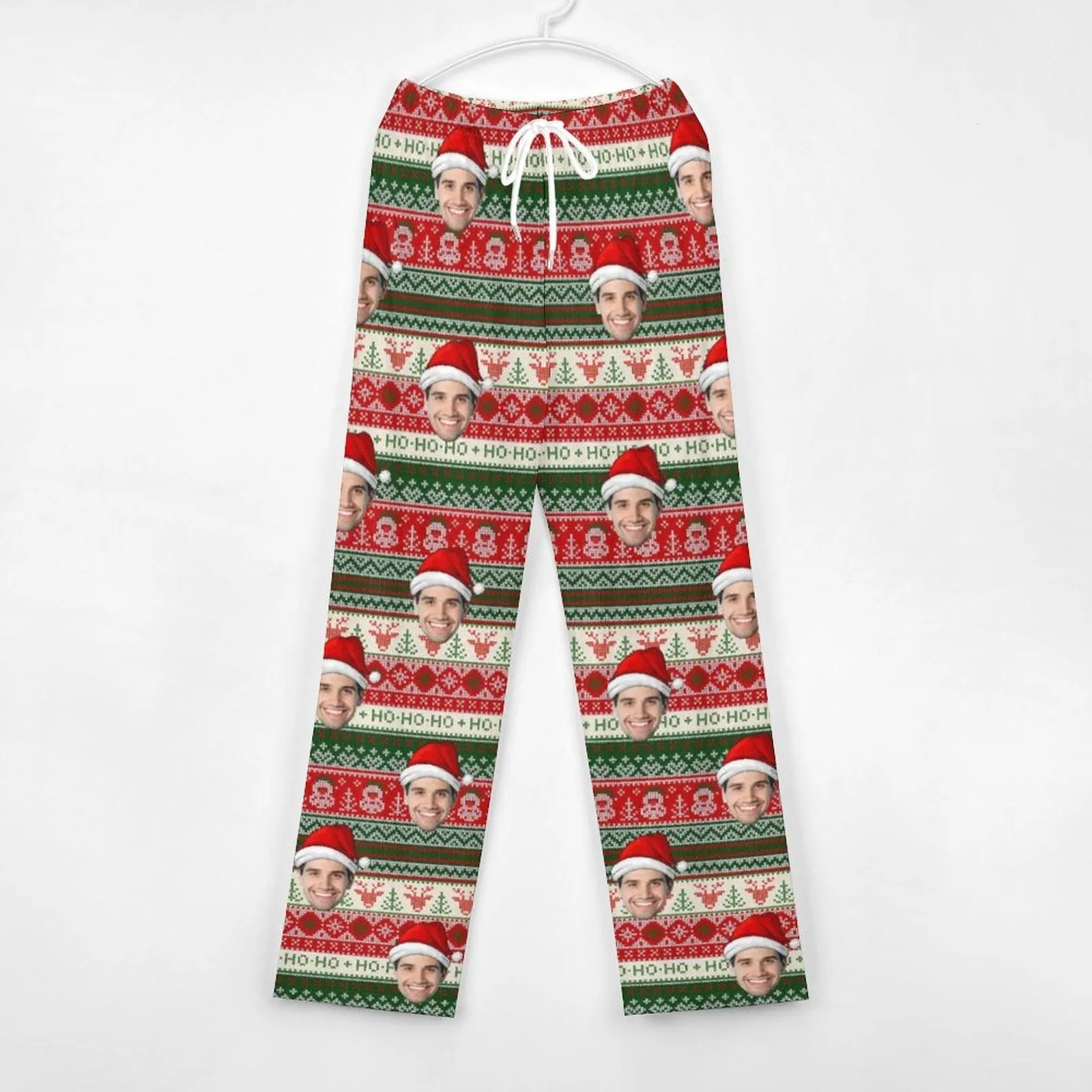 Personalized Long Pajama Pants Unisex Lacing Custom Face Christmas Hat Sleepwear Slumber Party