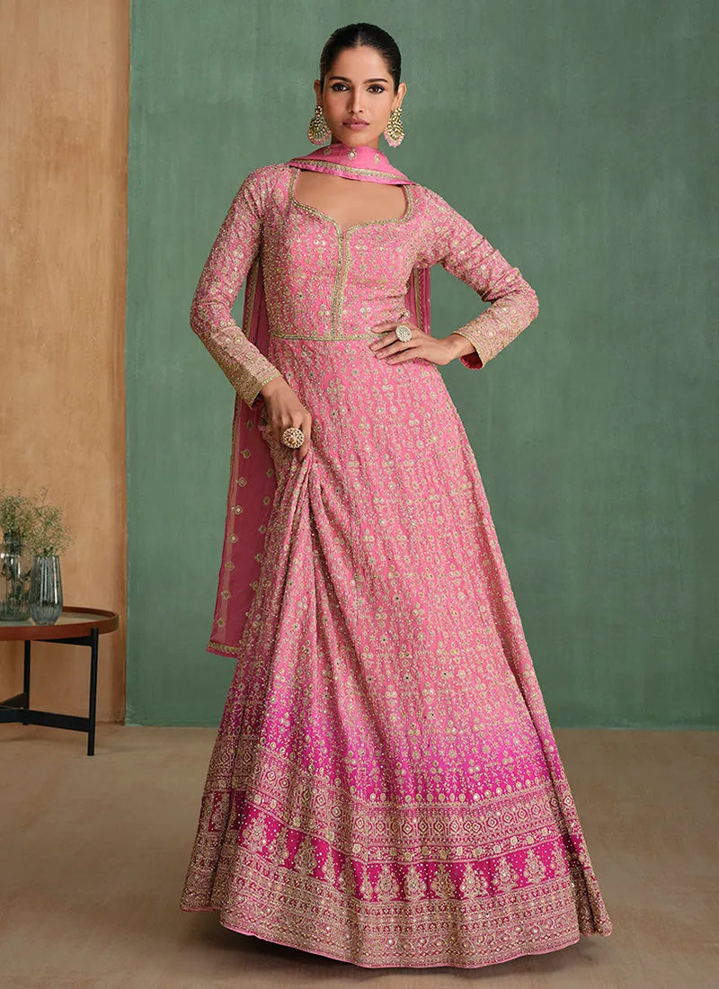 Pink Ombré Traditional Embroidery Festive Anarkali Dress