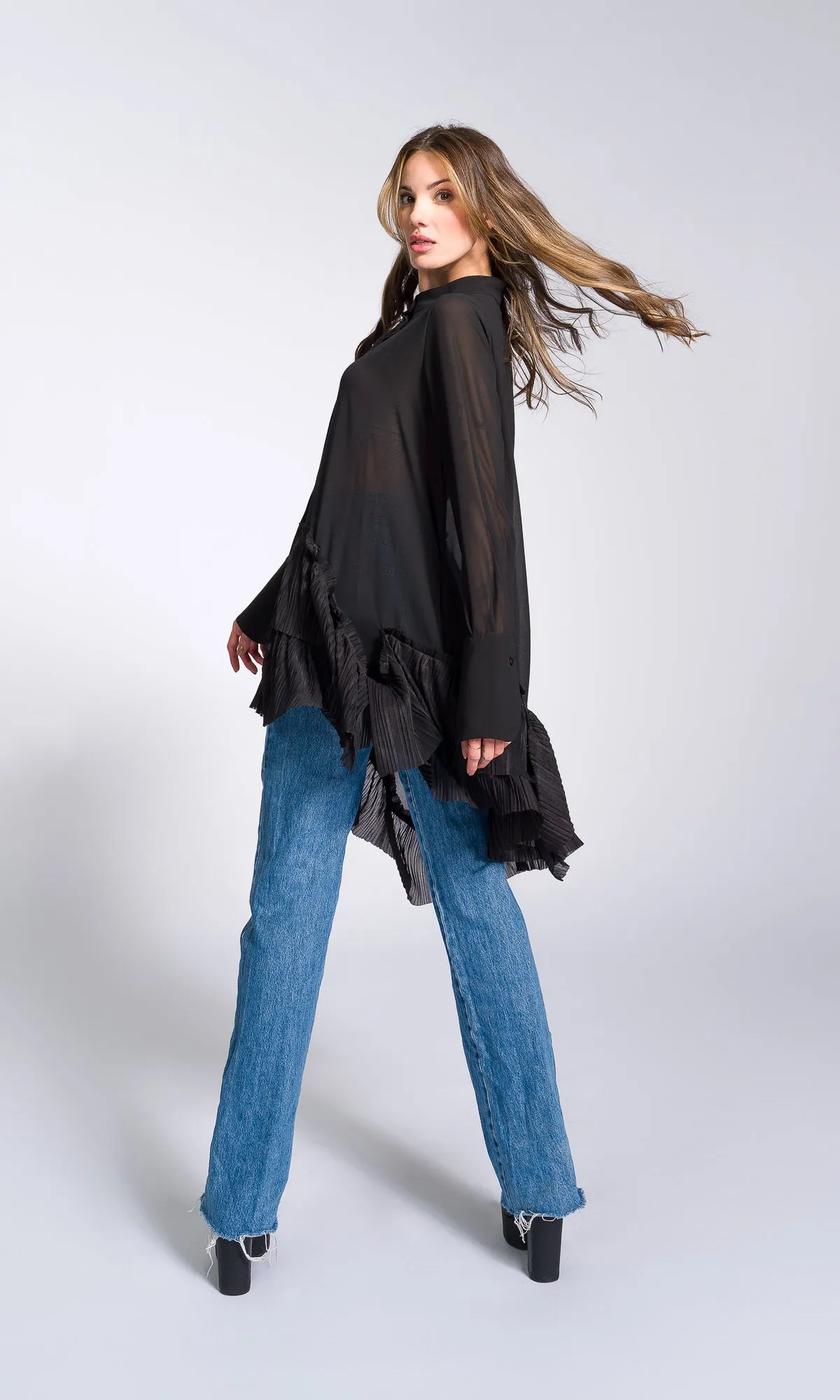 Pleated Hem Asymmetric Chiffon Shirt