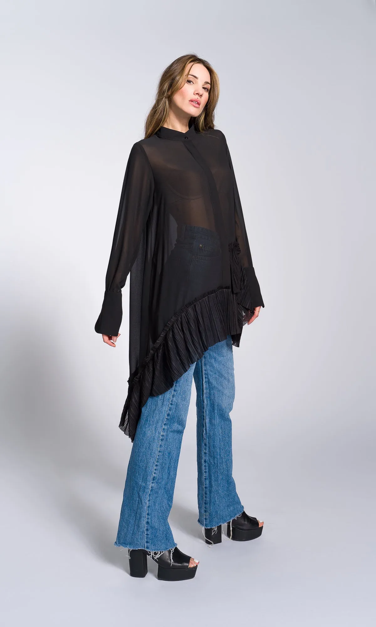 Pleated Hem Asymmetric Chiffon Shirt