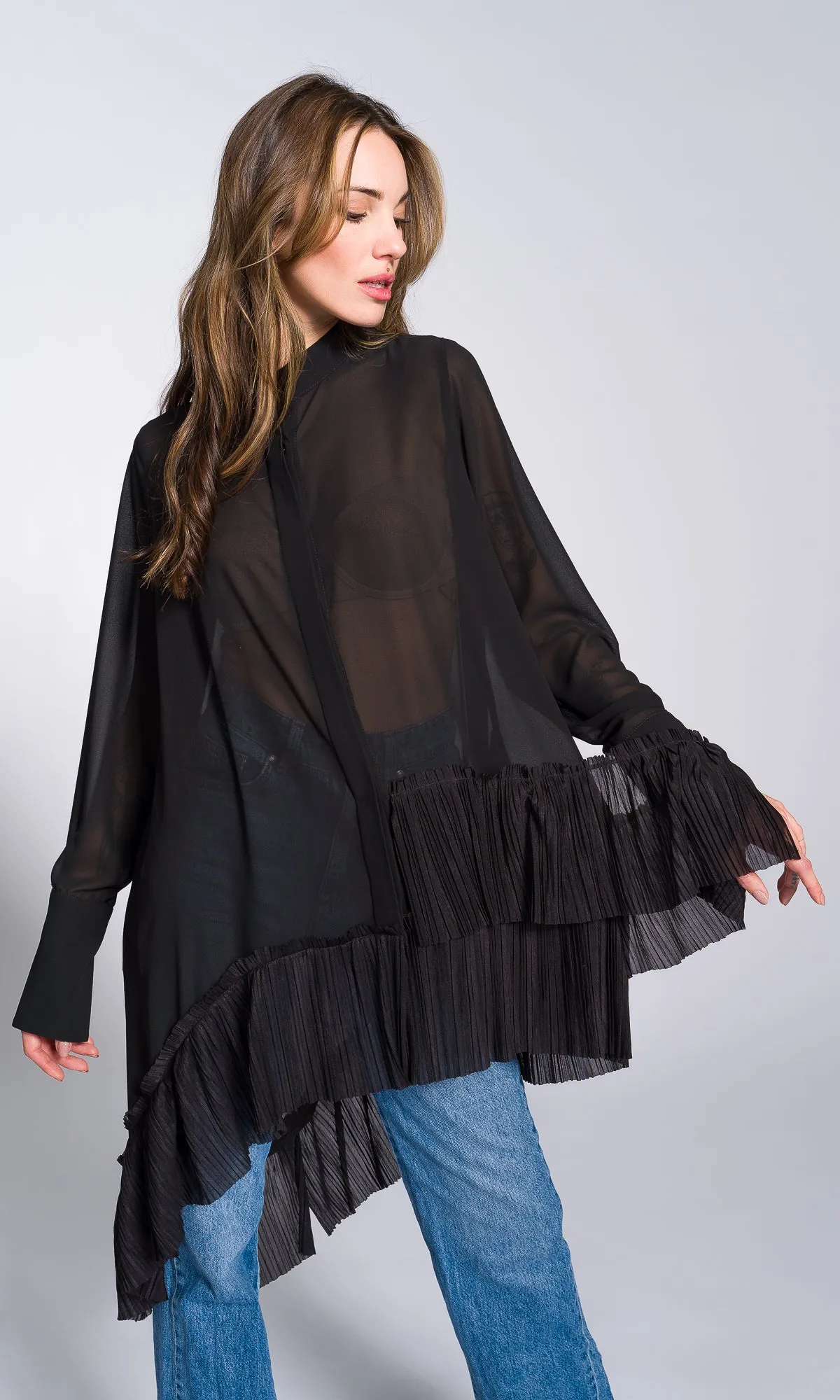 Pleated Hem Asymmetric Chiffon Shirt