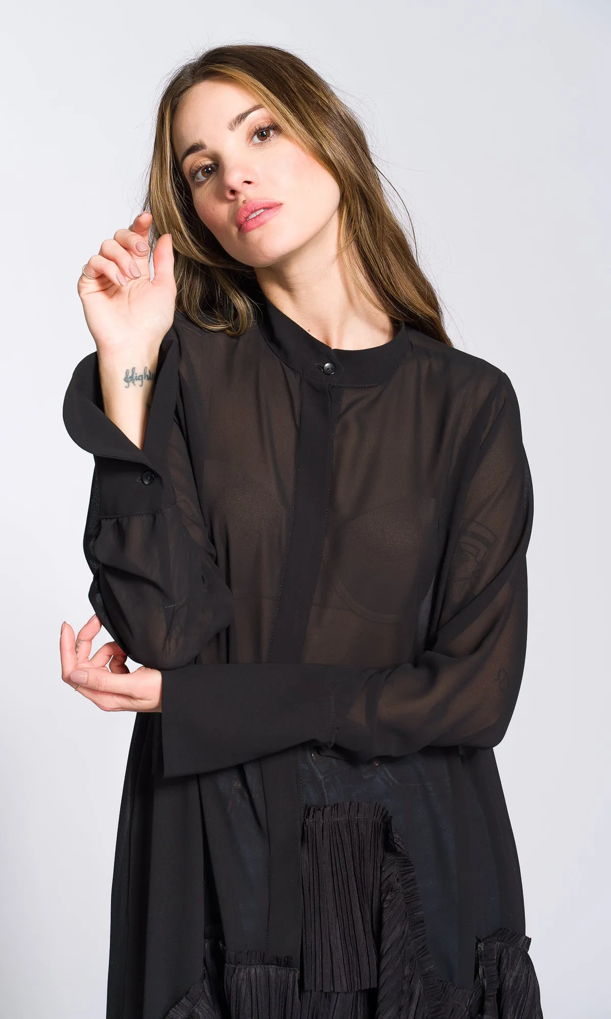 Pleated Hem Asymmetric Chiffon Shirt