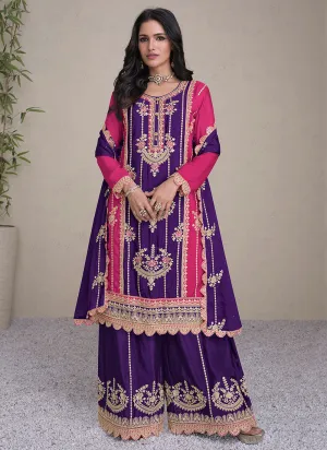 Purple And Pink Embroidery Festive Palazzo Suit