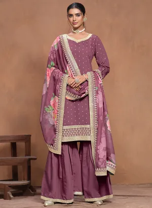 Purple Embroidered Silk Gharara Suit