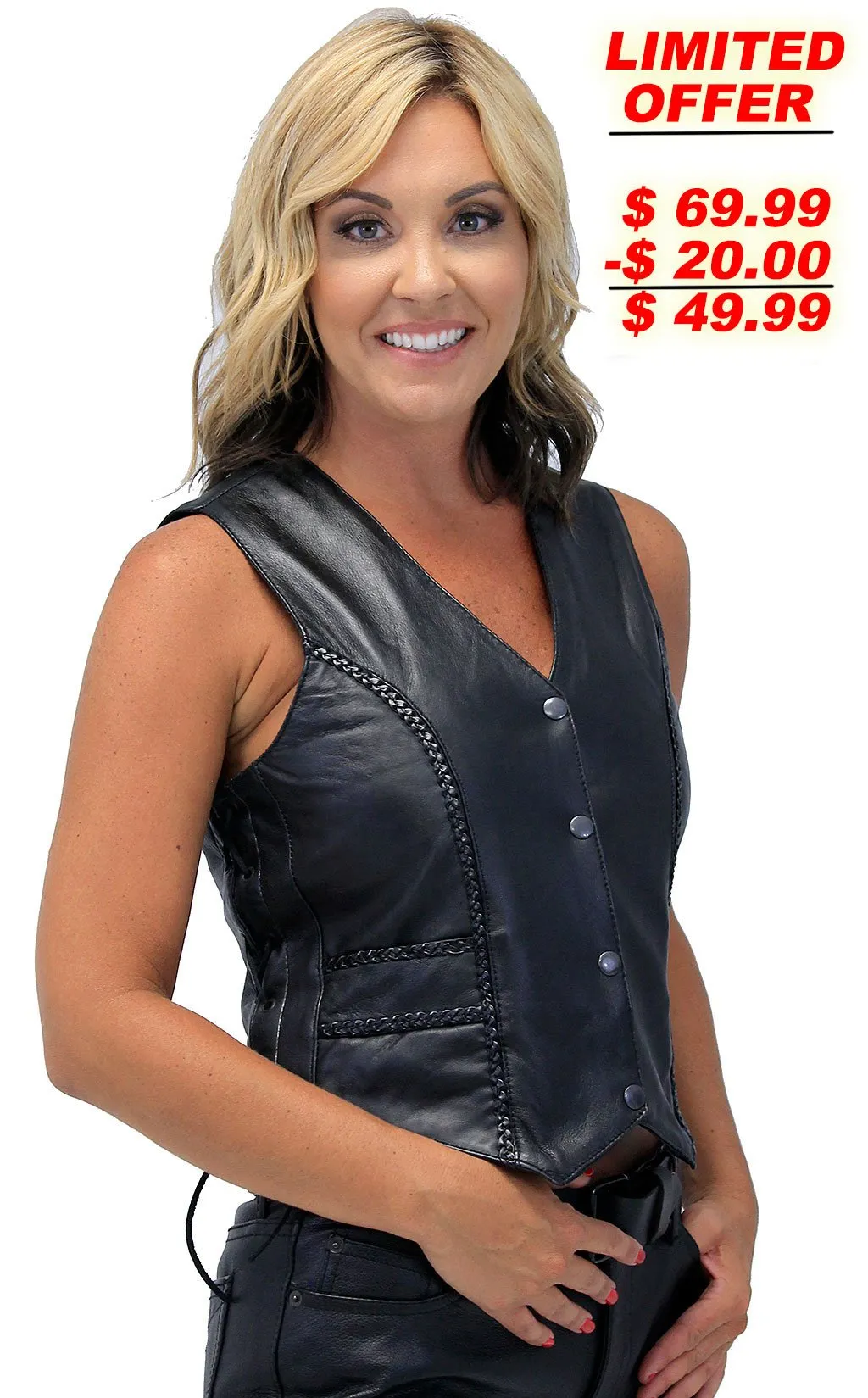 Soft Lambskin Leather Vest w/Braid Trim #VL221LB