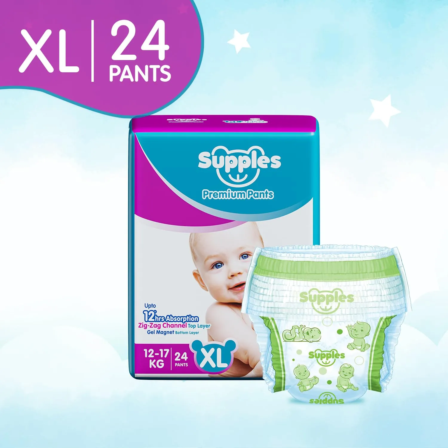 Supples Premium Diapers, X-Large (XL), 24 Count, 12-17 Kg, 12 hrs Absorption Baby Diaper Pants