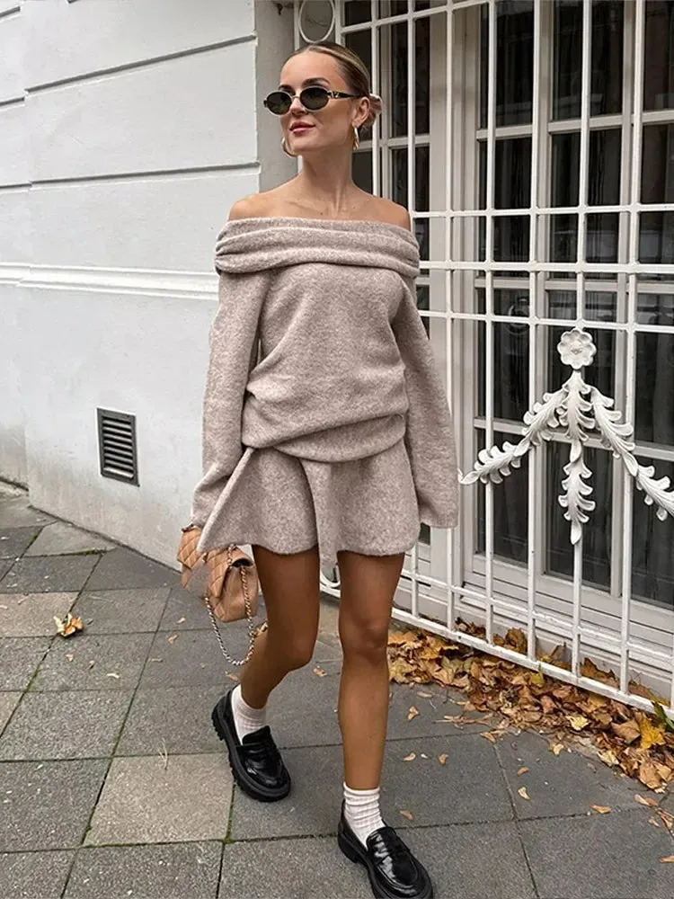 TAVIMART  -  Elegant Solid Color Cashmere Women's Mini Skirt Suits One Neck Off Shoulder Long Sleeved Sweater Sets Lady High Street Outfits